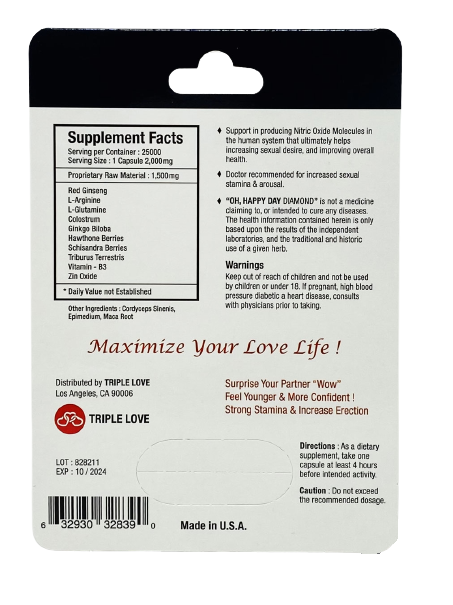 Oh Happy Day Diamond 25000 Pill Men Libido Enhancer 1 Capsule