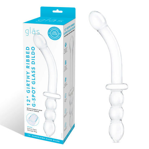 Glas 12 Inch Girthy Ribbed G-Spot Glass Dildo With Handle Grip Double Ended