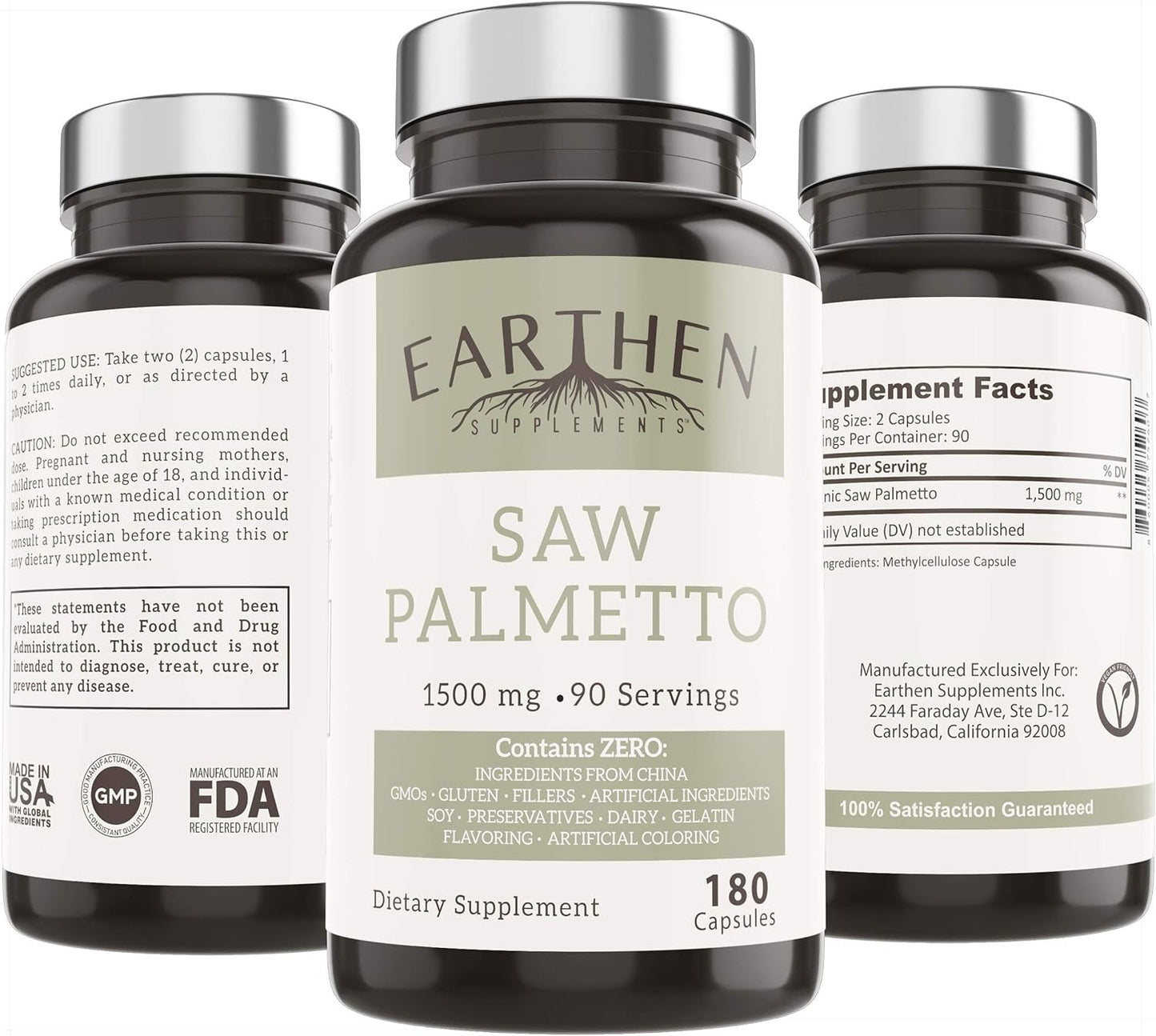 Earthen Saw Palmetto Dietary Supplement 180 Capsules