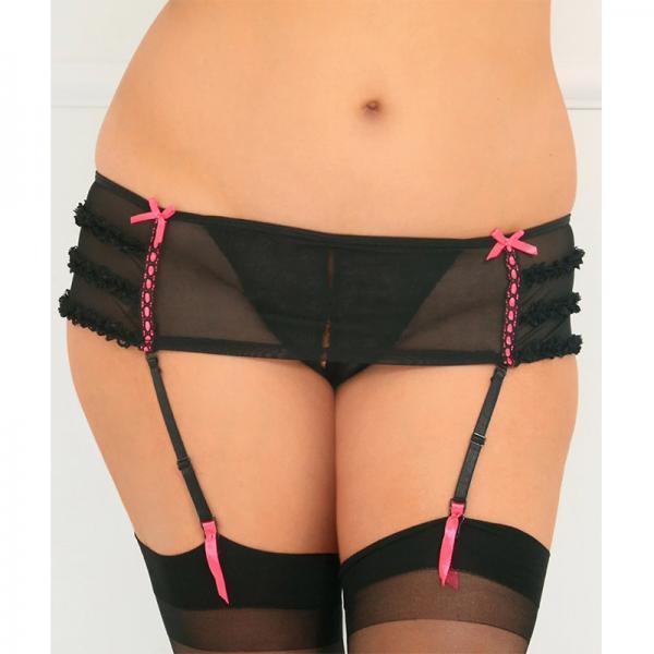 Crotchless Mesh Skirted Thong, Garters Black 3X/4X