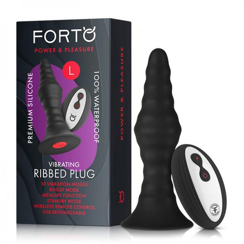 Forto Vibrating Ribbed Plug W/remote Large Blk