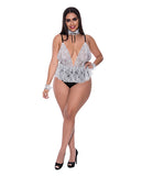 Dress Up Full Service Lace Deep V Teddy W/collar & Wrist Cuffs Black/white Qn