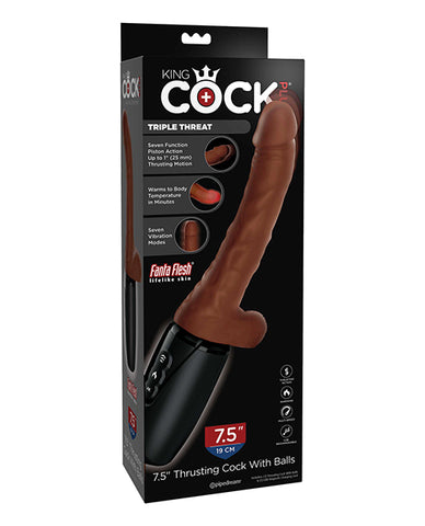 King Cock Plus Thrusting, Warming & Vibrating 7.5" Triple Threat Dong - Brown