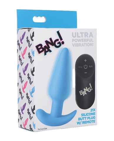 Bang! 21X Vibrating Silicone Butt Plug w/Remote - Blue