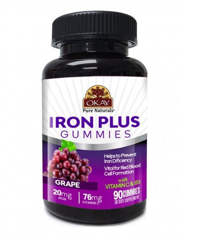 OKAY Gummies Iron Plus 90 Count Grape Flavor Vitamin C B3