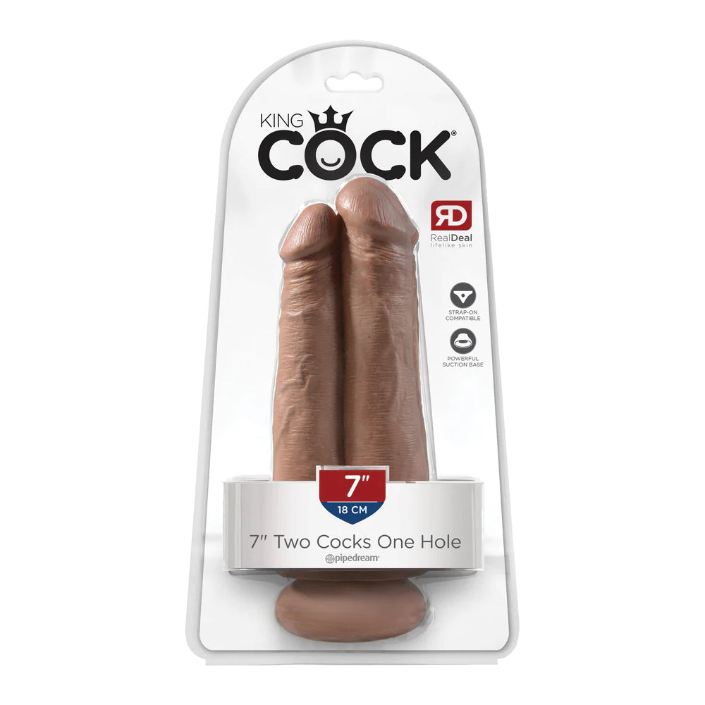King Cock 7 Inch Two Cocks One Hole Tan