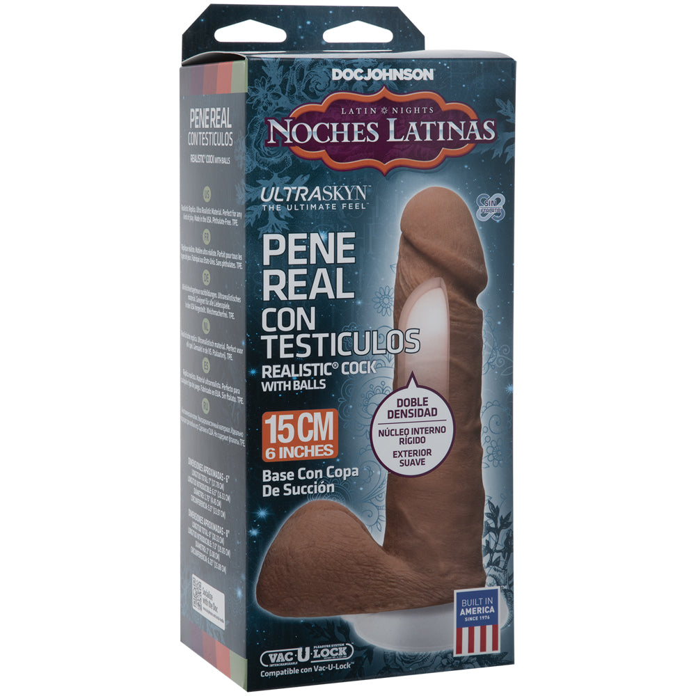 Noches Latinas - ULTRASKYN Pene Real Con Testiculos Base Con Vac-U-Lock Copa De Succion - 6 Inch Caramel