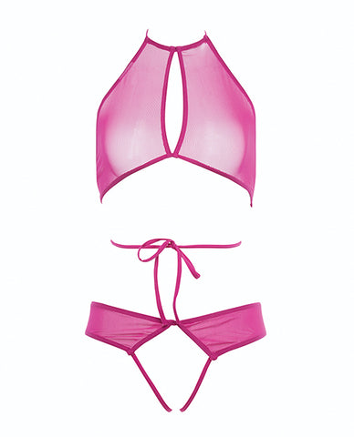 Allure Marley Mesh Peek A Boo Top & Open Panty Hot Pink L/xl