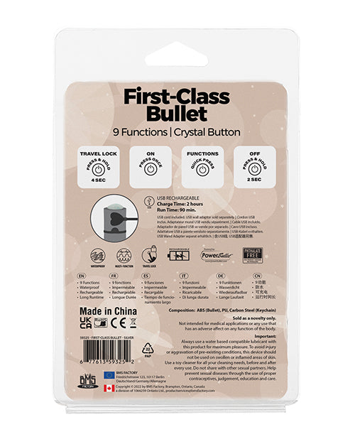 First Class Mini Rechargeable Bullet W-crystal - 9 Functions Silver