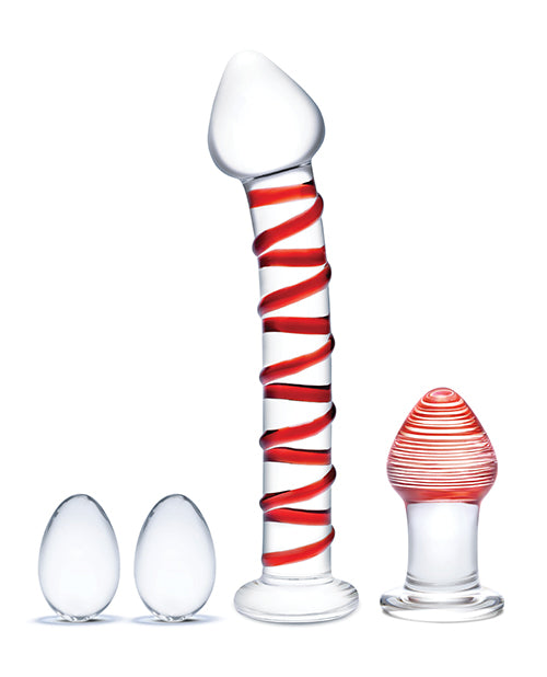 Glas 4 Pc Mr. Swirly Set W-glass Kegel Balls & 3.25 Inch Butt Plug - Red