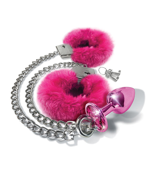 Nixie Metal Butt Plug W-inlaid Jewel & Fur Cuff Set - Pink Metallic