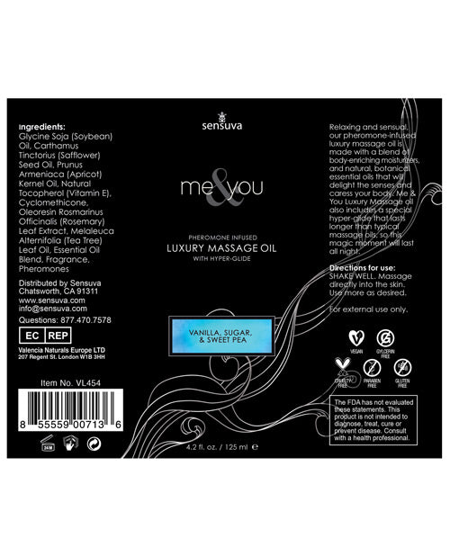Sensuva Me & You Massage Oil - 4.2 Oz Vanilla Sugar Sweet Pea