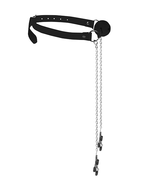 Shots Ouch Black & White Breathable Ball Gag W-nipple Clamps - Black