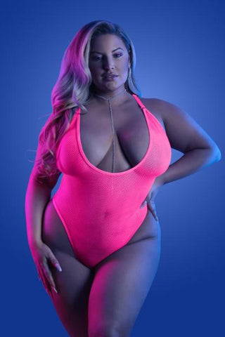 Glow Electric Haze Teddy W/ Thong Cut Back Neon Pink Q/s