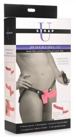 Strap U 28x Double Diva 1.5in Double Dildo W/ Harness Pink