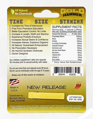 Gold Hammer 19000 Triple Maximum Power Male Enhancer Pill