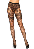 Lace French Cut Faux Garter Net Tights - One Size Black