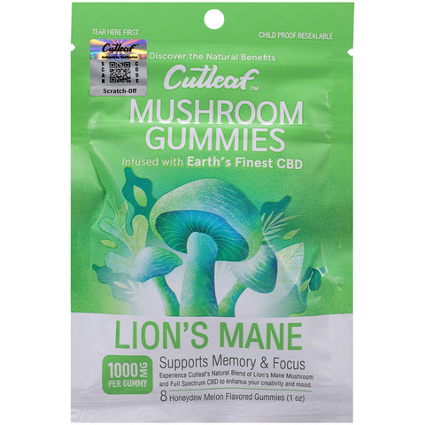 Cutleaf Mushroom Gummies Lion&#39;s Mane Hemp Extract Honeydew Melon 10 Pack
