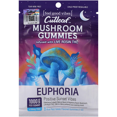 Cutleaf Mushroom Gummies Euphoria Nightime Reishi Infused With Live Rosin Blue Razz Gelato 10 Pack