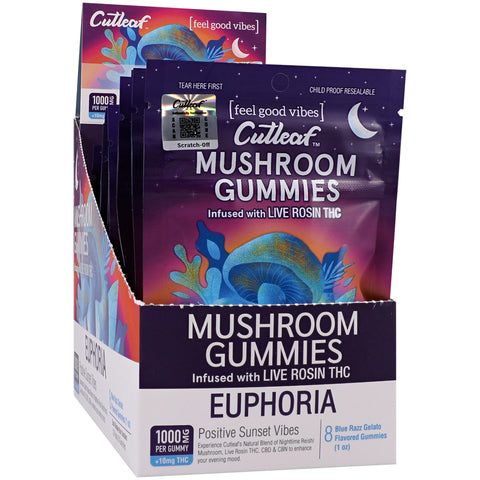 Cutleaf Mushroom Gummies Euphoria Nightime Reishi Infused With Live Rosin Blue Razz Gelato 10 Pack