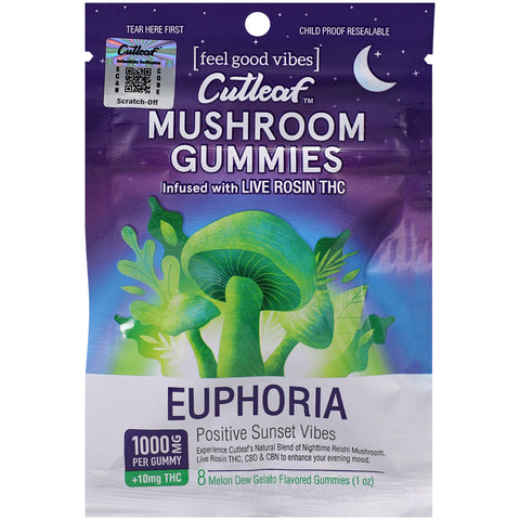 Cutleaf Mushroom Gummies Euphoria Nightime Reishi Infused With Live Rosin Melon Dew Gelato 10 Pack