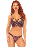 2 Pc Lace Bralette With Cage Strap O-Ring Bodice Detail and Matching G-String - Plum - Medium/ Large