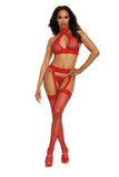 Bralette, Garterhose, and G-String - One Size - Rouge