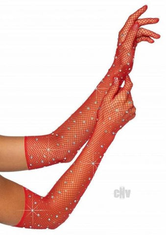 Rhinestone Fishnet Opera Gloves Os Red