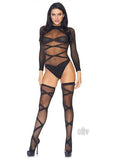 Sheer Cc Bodysuit W/ Thighigh Os Blk 2pc