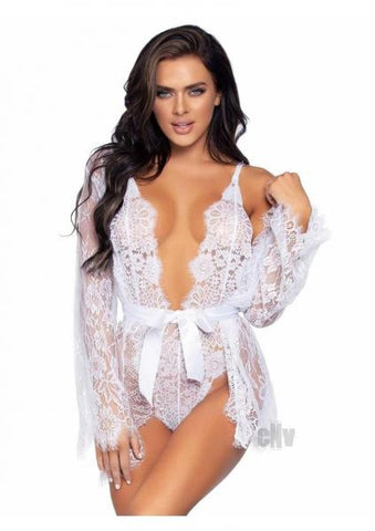 Floral Lace Teddy Thong Robe Tie Sm Wht