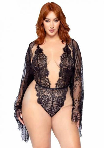 Floral Teddy Thong Robe 3pc 1x/2x Black