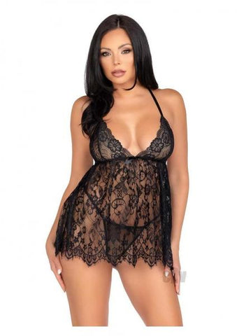 Floral Babydoll Eyelash Gstring Sm Blk