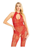 Seamless Rhinestone Bodystocking Os Red