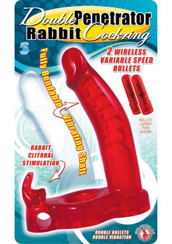 Double Penetrator Rabbit Cockring Vibrating Waterproof Red