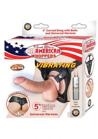 All American Whoppers 5 inches Vibrating Curved Dong, Balls Beige & Universal Harness