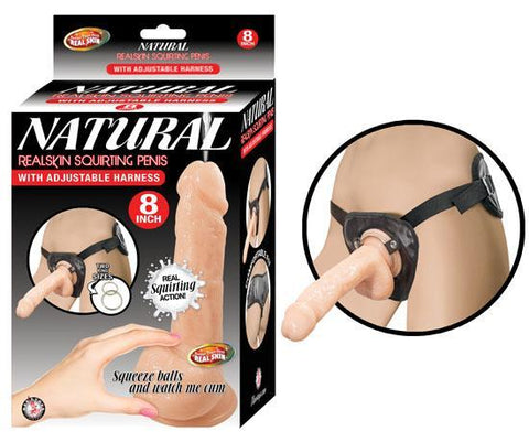 Natural Realskin Squirting Penis 8 inches Beige Harness