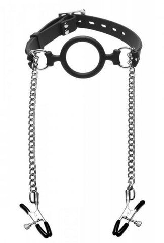 Mutiny Silicone O Ring Gag With Nipple Clamps Black