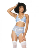 Scallop Stretch Lace Bra, Garter Belt & G-string Light Blue/white S/m