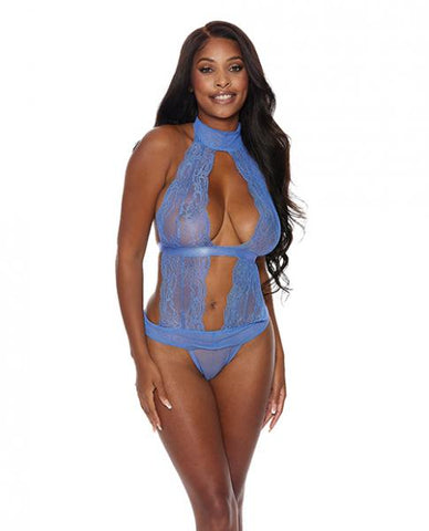 Lace & Mesh Halter Neck Teddy Periwinkle Xl