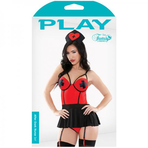 Play After Dark Nurse Costume Set; Medic Hat, Apron Dress & Panty Red/black L/xl