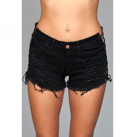 Denim Shorts Lace Up Side Detalil Black Large