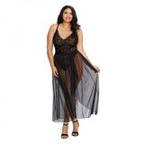 Dreamgirl Plus-size Stretch Lace Teddy & Sheer Mesh Maxi Skirt With Adjustable Straps & G-string Bla-1X