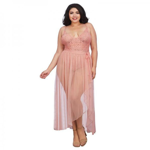 Dreamgirl Plus-size Stretch Lace Teddy & Sheer Mesh Maxi Skirt With Adjustable Straps & G-string Ros-1X