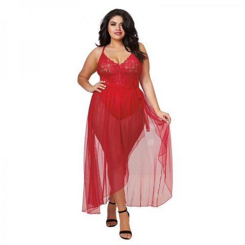 Dreamgirl Plus-size Stretch Lace Teddy & Sheer Mesh Maxi Skirt With Adjustable Straps & G-string Rou-2X