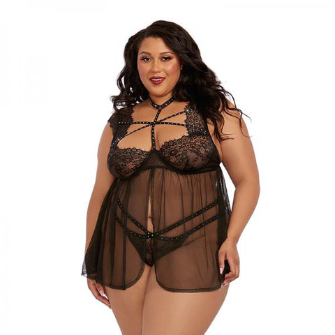 Dreamgirl Plus-size Lace Babydoll With Thong Black 2x Hanging