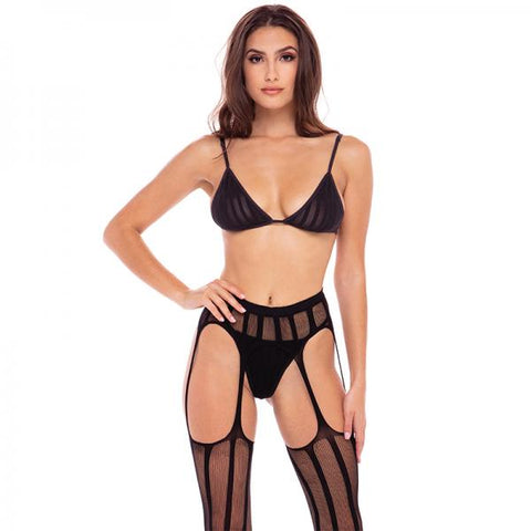 Straight Up 3-piece Sheer Striped Bra, Thong, And Garter Set Black M/l