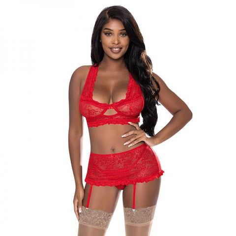 Magic Silk Ooh La Lace Bralette, Garter Skirt & G-string Set Red L/xl