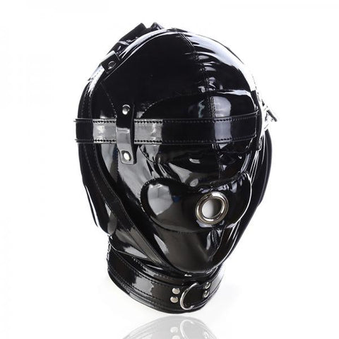 Ple'sur Shiny Pleather Locking Deprivation Hood With Single Nose Hole Black