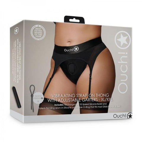 Shots Ouch! Vibrating Strap-on Thong With Adjustable Garters Black Xl/2xl