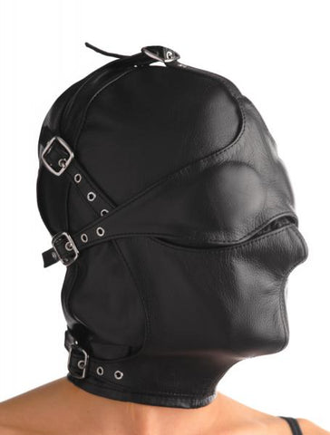 Asylum Leather Hood With Removable Blindfold And Muzzle- M/L